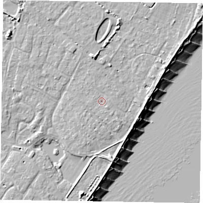 Shaded relief map of the ground around PO200EX, computed from Environment Agency LiDAR. The ground here sits at about 4 m above sea level and falls 9 m across the surrounding 800 m. Surface water reaching this point runs off ground lying to the south-east, 0.7 m higher.