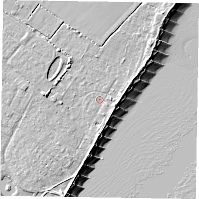 Shaded relief map of the ground around PO200EY, computed from Environment Agency LiDAR. The ground here sits at about 4 m above sea level and falls 9 m across the surrounding 800 m. Surface water reaching this point runs off ground lying to the east-south-east, 2.2 m higher.
