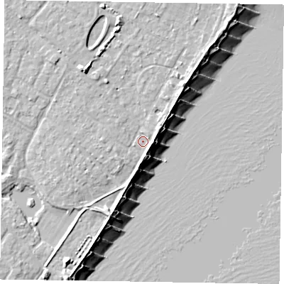 Shaded relief map of the ground around PO200EZ, computed from Environment Agency LiDAR. The ground here sits at about 3 m above sea level and falls 9 m across the surrounding 800 m. Surface water reaching this point runs off ground lying to the north-west, 3.7 m higher.