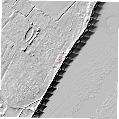 Shaded relief map of the ground around PO200HA, computed from Environment Agency LiDAR. The ground here sits at about 4 m above sea level and falls 9 m across the surrounding 800 m. Surface water reaching this point runs off ground lying to the east-north-east, 2.2 m higher.