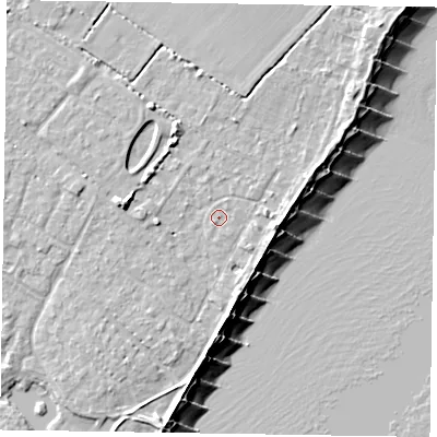 Shaded relief map of the ground around PO200HB, computed from Environment Agency LiDAR. The ground here sits at about 4 m above sea level and falls 9 m across the surrounding 800 m. Surface water reaching this point runs off ground lying to the east, 1.9 m higher.
