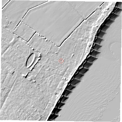 Shaded relief map of the ground around PO200HD, computed from Environment Agency LiDAR. The ground here sits at about 4 m above sea level and falls 9 m across the surrounding 800 m. Surface water reaching this point runs off ground lying to the north-north-west, 1.1 m higher.