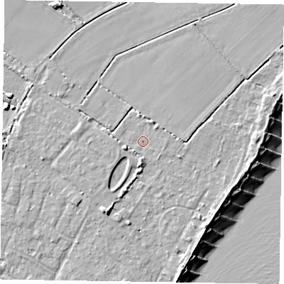 Shaded relief map of the ground around PO200HE, computed from Environment Agency LiDAR. The ground here sits at about 4 m above sea level and falls 9 m across the surrounding 800 m. Surface water reaching this point runs off ground lying to the south, 2.2 m higher.