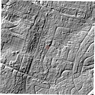 Shaded relief map of the ground around PO200HG, computed from Environment Agency LiDAR. The ground here sits at about 5 m above sea level and falls 6 m across the surrounding 800 m. Surface water reaching this point runs off ground lying to the west, 1.6 m higher.