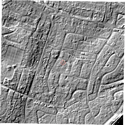 Shaded relief map of the ground around PO200HQ, computed from Environment Agency LiDAR. The ground here sits at about 4 m above sea level and falls 10 m across the surrounding 800 m. Surface water reaching this point runs off ground lying to the west-south-west, 2.2 m higher.