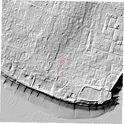 Shaded relief map of the ground around PO200HU, computed from Environment Agency LiDAR. The ground here sits at about 6 m above sea level and falls 11 m across the surrounding 800 m. Surface water reaching this point runs off ground lying to the north-north-west, 3.4 m higher.