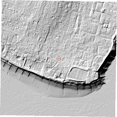 Shaded relief map of the ground around PO200HY, computed from Environment Agency LiDAR. The ground here sits at about 6 m above sea level and falls 11 m across the surrounding 800 m. Surface water reaching this point runs off ground lying to the south-east, 1.0 m higher.