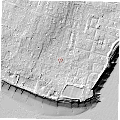 Shaded relief map of the ground around PO200HZ, computed from Environment Agency LiDAR. The ground here sits at about 5 m above sea level and falls 11 m across the surrounding 800 m. Surface water reaching this point runs off ground lying to the north-north-west, 3.6 m higher.
