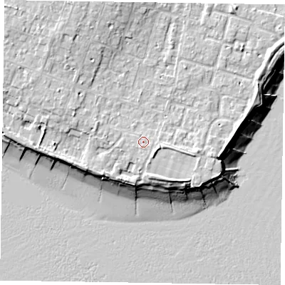 Shaded relief map of the ground around PO200JA, computed from Environment Agency LiDAR. The ground here sits at about 6 m above sea level and falls 11 m across the surrounding 800 m. Surface water reaching this point runs off ground lying to the south-south-west, 0.9 m higher.
