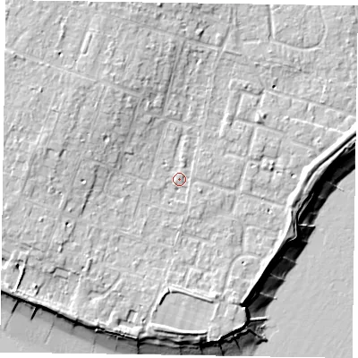Shaded relief map of the ground around PO200JB, computed from Environment Agency LiDAR. The ground here sits at about 6 m above sea level and falls 11 m across the surrounding 800 m. Surface water reaching this point runs off ground lying to the north-west, 4.4 m higher.