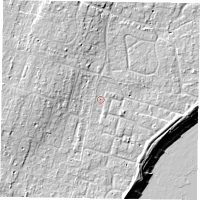 Shaded relief map of the ground around PO200JE, computed from Environment Agency LiDAR. The ground here sits at about 5 m above sea level and falls 12 m across the surrounding 800 m. Surface water reaching this point runs off ground lying to the west, 4.4 m higher.