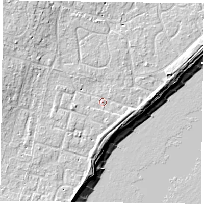 Shaded relief map of the ground around PO200JG, computed from Environment Agency LiDAR. The ground here sits at about 5 m above sea level and falls 11 m across the surrounding 800 m. Surface water reaching this point runs off ground lying to the west-north-west, 5.4 m higher.