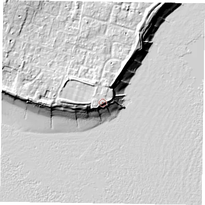 Shaded relief map of the ground around PO200JN, computed from Environment Agency LiDAR. The ground here sits at about 7 m above sea level and falls 11 m across the surrounding 800 m. The ground contributing surface water to this point lies to the west.