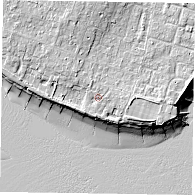 Shaded relief map of the ground around PO200JR, computed from Environment Agency LiDAR. The ground here sits at about 6 m above sea level and falls 11 m across the surrounding 800 m. Surface water reaching this point runs off ground lying to the north-north-west, 4.5 m higher.