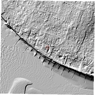 Shaded relief map of the ground around PO200LJ, computed from Environment Agency LiDAR. The ground here sits at about 6 m above sea level and falls 11 m across the surrounding 800 m. Surface water reaching this point runs off ground lying to the north, 3.9 m higher.