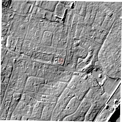 Shaded relief map of the ground around PO200LL, computed from Environment Agency LiDAR. The ground here sits at about 4 m above sea level and falls 9 m across the surrounding 800 m. Surface water reaching this point runs off ground lying to the west-north-west, 1.8 m higher.