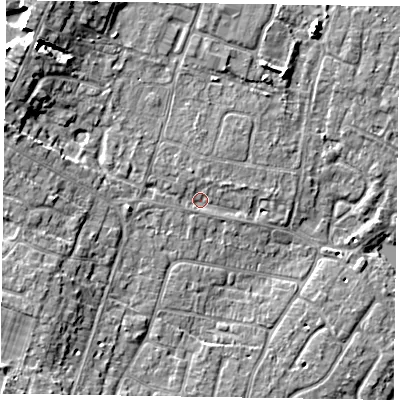Shaded relief map of the ground around PO200LT, computed from Environment Agency LiDAR. The ground here sits at about 4 m above sea level and falls 8 m across the surrounding 800 m. Surface water reaching this point runs off ground lying to the west-north-west, 1.2 m higher.