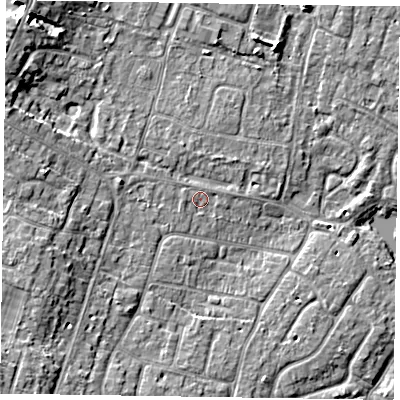 Shaded relief map of the ground around PO200LU, computed from Environment Agency LiDAR. The ground here sits at about 4 m above sea level and falls 8 m across the surrounding 800 m. Surface water reaching this point runs off ground lying to the west-north-west, 0.8 m higher.