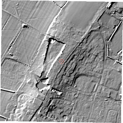 Shaded relief map of the ground around PO200NQ, computed from Environment Agency LiDAR. The ground here sits at about 9 m above sea level and falls 7 m across the surrounding 800 m. Surface water reaching this point runs off ground lying to the north, 0.7 m higher.