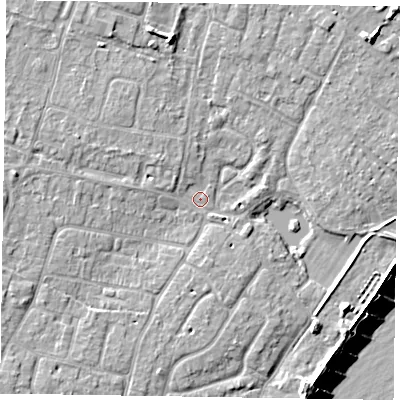 Shaded relief map of the ground around PO200NS, computed from Environment Agency LiDAR. The ground here sits at about 3 m above sea level and falls 9 m across the surrounding 800 m. Surface water reaching this point runs off ground lying to the west, 4.7 m higher.