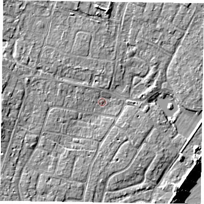 Shaded relief map of the ground around PO200NT, computed from Environment Agency LiDAR. The ground here sits at about 3 m above sea level and falls 9 m across the surrounding 800 m. Surface water reaching this point runs off ground lying to the west-south-west, 3.9 m higher.