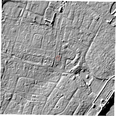 Shaded relief map of the ground around PO200NU, computed from Environment Agency LiDAR. The ground here sits at about 3 m above sea level and falls 9 m across the surrounding 800 m. Surface water reaching this point runs off ground lying to the west, 1.1 m higher.