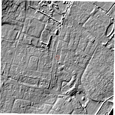 Shaded relief map of the ground around PO200NX, computed from Environment Agency LiDAR. The ground here sits at about 3 m above sea level and falls 8 m across the surrounding 800 m. Surface water reaching this point runs off ground lying to the north, 3.3 m higher.