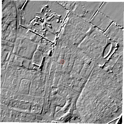 Shaded relief map of the ground around PO200NY, computed from Environment Agency LiDAR. The ground here sits at about 4 m above sea level and falls 8 m across the surrounding 800 m. Surface water reaching this point runs off ground lying to the north-north-west, 0.7 m higher.