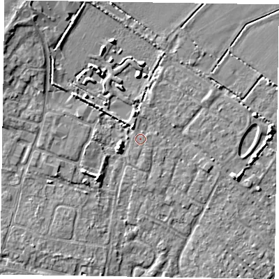 Shaded relief map of the ground around PO200NZ, computed from Environment Agency LiDAR. The ground here sits at about 4 m above sea level and falls 6 m across the surrounding 800 m. The ground contributing surface water to this point lies to the east.