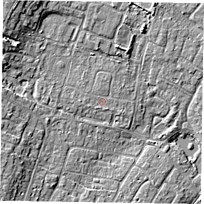 Shaded relief map of the ground around PO200PA, computed from Environment Agency LiDAR. The ground here sits at about 4 m above sea level and falls 8 m across the surrounding 800 m. Surface water reaching this point runs off ground lying to the west, 0.6 m higher.