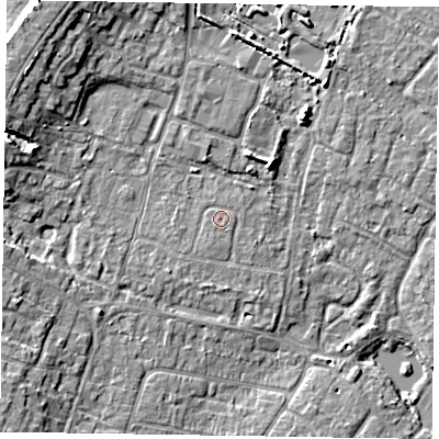Shaded relief map of the ground around PO200PB, computed from Environment Agency LiDAR. The ground here sits at about 4 m above sea level and falls 9 m across the surrounding 800 m. Surface water reaching this point runs off ground lying to the south-west, 0.8 m higher.