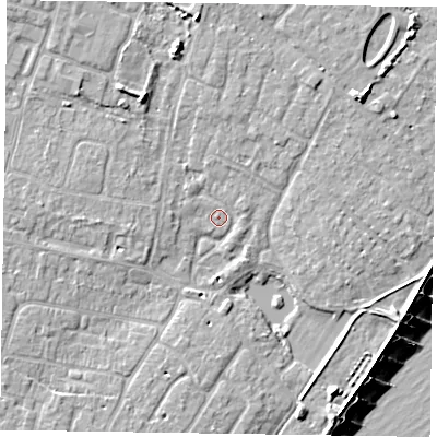 Shaded relief map of the ground around PO200PD, computed from Environment Agency LiDAR. The ground here sits at about 3 m above sea level and falls 9 m across the surrounding 800 m. Surface water reaching this point runs off ground lying to the west, 3.8 m higher.