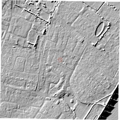 Shaded relief map of the ground around PO200PF, computed from Environment Agency LiDAR. The ground here sits at about 4 m above sea level and falls 10 m across the surrounding 800 m. Surface water reaching this point runs off ground lying to the north, 1.0 m higher.