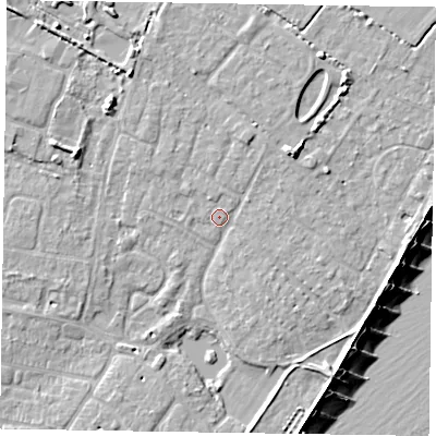 Shaded relief map of the ground around PO200PG, computed from Environment Agency LiDAR. The ground here sits at about 4 m above sea level and falls 9 m across the surrounding 800 m. Surface water reaching this point runs off ground lying to the north-east, 3.2 m higher.