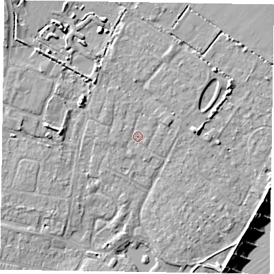 Shaded relief map of the ground around PO200PH, computed from Environment Agency LiDAR. The ground here sits at about 4 m above sea level and falls 10 m across the surrounding 800 m. Surface water reaching this point runs off ground lying to the north-north-east, 1.6 m higher.