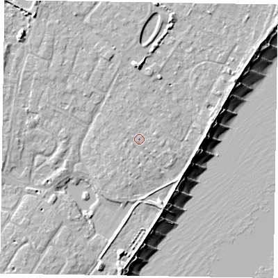 Shaded relief map of the ground around PO200PJ, computed from Environment Agency LiDAR. The ground here sits at about 4 m above sea level and falls 9 m across the surrounding 800 m. Surface water reaching this point runs off ground lying to the north-north-west, 0.9 m higher.
