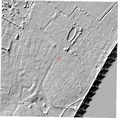 Shaded relief map of the ground around PO200PL, computed from Environment Agency LiDAR. The ground here sits at about 4 m above sea level and falls 10 m across the surrounding 800 m. Surface water reaching this point runs off ground lying to the north-east, 2.6 m higher.