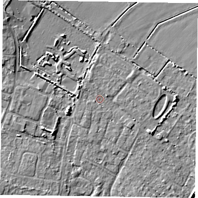Shaded relief map of the ground around PO200PN, computed from Environment Agency LiDAR. The ground here sits at about 4 m above sea level and falls 6 m across the surrounding 800 m. Surface water reaching this point runs off ground lying to the north, 1.3 m higher.