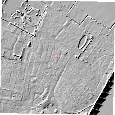 Shaded relief map of the ground around PO200PQ, computed from Environment Agency LiDAR. The ground here sits at about 4 m above sea level and falls 10 m across the surrounding 800 m. Surface water reaching this point runs off ground lying to the east-north-east, 1.0 m higher.