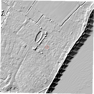 Shaded relief map of the ground around PO200PR, computed from Environment Agency LiDAR. The ground here sits at about 4 m above sea level and falls 9 m across the surrounding 800 m. Surface water reaching this point runs off ground lying to the west, 3.1 m higher.