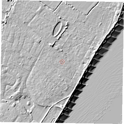 Shaded relief map of the ground around PO200PW, computed from Environment Agency LiDAR. The ground here sits at about 4 m above sea level and falls 9 m across the surrounding 800 m. Surface water reaching this point runs off ground lying to the north-west, 0.7 m higher.
