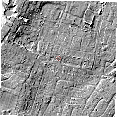 Shaded relief map of the ground around PO200SA, computed from Environment Agency LiDAR. The ground here sits at about 5 m above sea level and falls 8 m across the surrounding 800 m. Surface water reaching this point runs off ground lying to the north-west, 0.7 m higher.