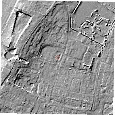 Shaded relief map of the ground around PO200SE, computed from Environment Agency LiDAR. The ground here sits at about 4 m above sea level and falls 8 m across the surrounding 800 m. Surface water reaching this point runs off ground lying to the north-west, 5.8 m higher.