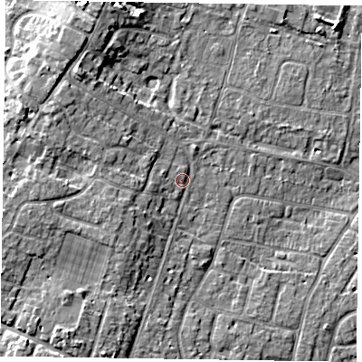 Shaded relief map of the ground around PO200SF, computed from Environment Agency LiDAR. The ground here sits at about 5 m above sea level and falls 7 m across the surrounding 800 m. Surface water reaching this point runs off ground lying to the south-west, 4.2 m higher.