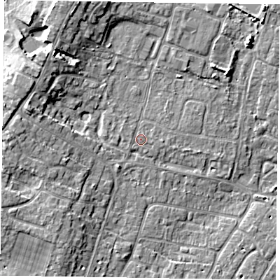 Shaded relief map of the ground around PO200SG, computed from Environment Agency LiDAR. The ground here sits at about 5 m above sea level and falls 8 m across the surrounding 800 m. The ground contributing surface water to this point lies to the west.