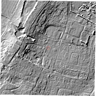 Shaded relief map of the ground around PO200SJ, computed from Environment Agency LiDAR. The ground here sits at about 5 m above sea level and falls 8 m across the surrounding 800 m. Surface water reaching this point runs off ground lying to the west, 0.7 m higher.