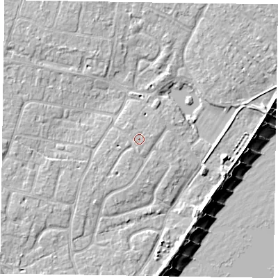 Shaded relief map of the ground around PO200SL, computed from Environment Agency LiDAR. The ground here sits at about 4 m above sea level and falls 8 m across the surrounding 800 m. Surface water reaching this point runs off ground lying to the south, 1.1 m higher.