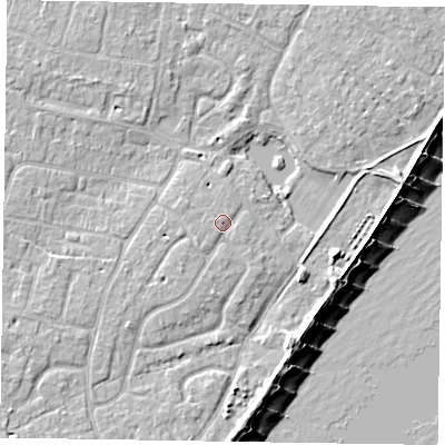 Shaded relief map of the ground around PO200SN, computed from Environment Agency LiDAR. The ground here sits at about 4 m above sea level and falls 8 m across the surrounding 800 m. Surface water reaching this point runs off ground lying to the south-west, 0.9 m higher.