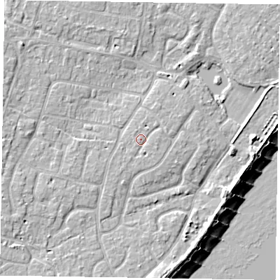 Shaded relief map of the ground around PO200SP, computed from Environment Agency LiDAR. The ground here sits at about 4 m above sea level and falls 8 m across the surrounding 800 m. Surface water reaching this point runs off ground lying to the east-south-east, 1.1 m higher.