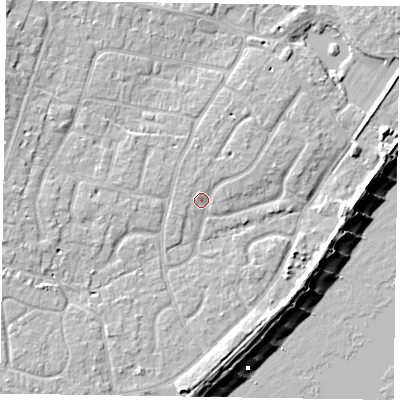 Shaded relief map of the ground around PO200SR, computed from Environment Agency LiDAR. The ground here sits at about 4 m above sea level and falls 9 m across the surrounding 800 m. Surface water reaching this point runs off ground lying to the north-north-west, 0.9 m higher.